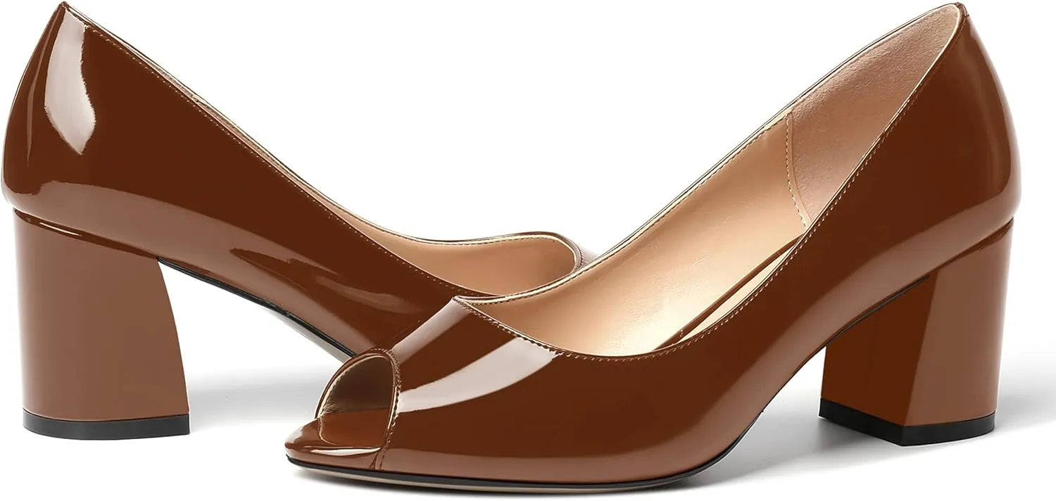 MOVINSTEPS Womens Slip On Dating Peep Toe Dress Patent Block Mid Heel Pumps Shoes 2.5 Inch