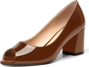MOVINSTEPS Womens Slip On Dating Peep Toe Dress Patent Block Mid Heel Pumps Shoes 2.5 Inch