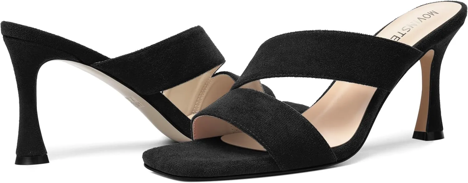 MOVINSTEPS Womens Solid Casual Slip On Suede Dating Square Toe Spool High Heel Heeled Sandals 3.3 Inch