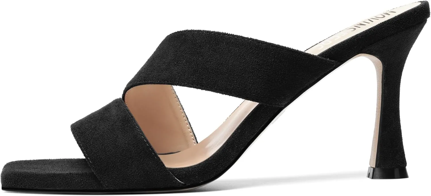MOVINSTEPS Womens Solid Casual Slip On Suede Dating Square Toe Spool High Heel Heeled Sandals 3.3 Inch