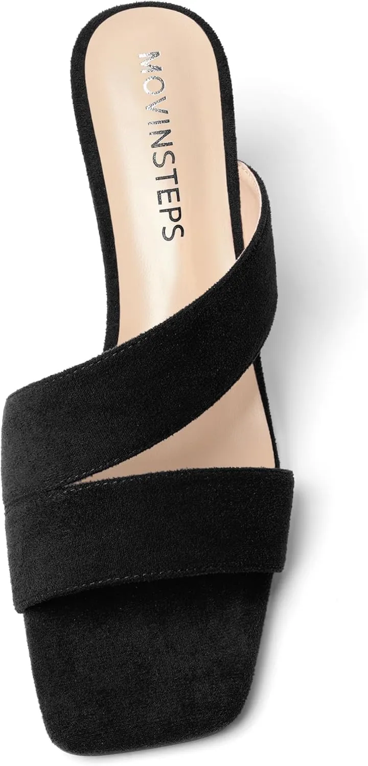 MOVINSTEPS Womens Solid Casual Slip On Suede Dating Square Toe Spool High Heel Heeled Sandals 3.3 Inch