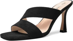 MOVINSTEPS Womens Solid Casual Slip On Suede Dating Square Toe Spool High Heel Heeled Sandals 3.3 Inch