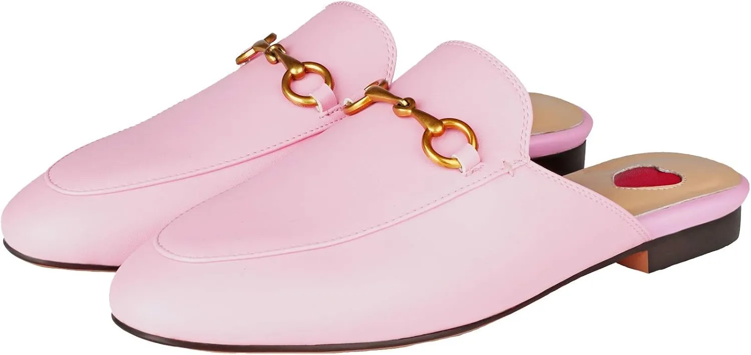 Mules for Women Comfort Slip On Leather Flats Closed Pointed Toe Slides with Metal Decoration Backless Loafers