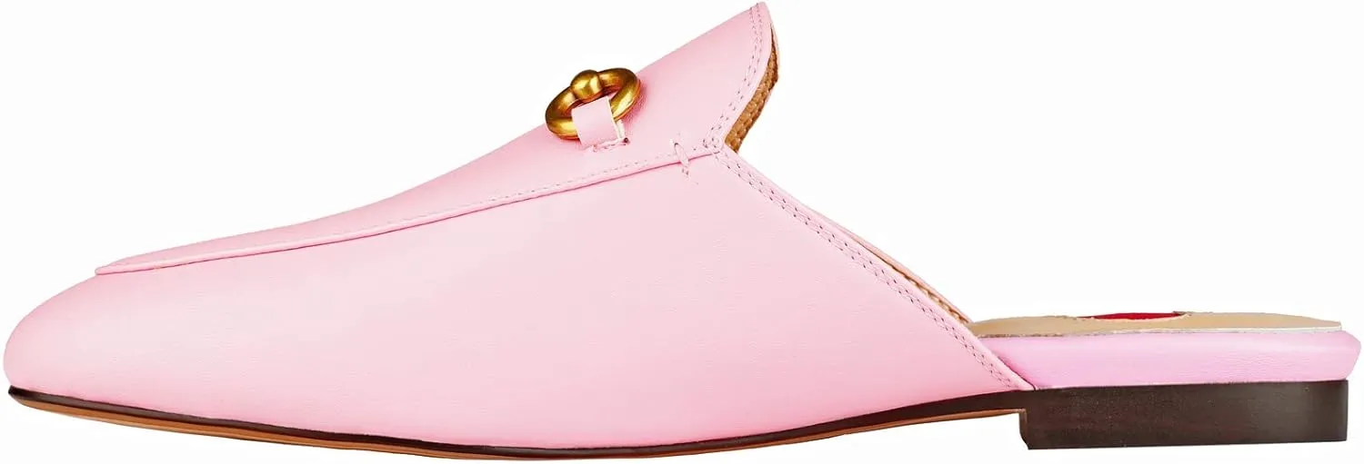 Mules for Women Comfort Slip On Leather Flats Closed Pointed Toe Slides with Metal Decoration Backless Loafers