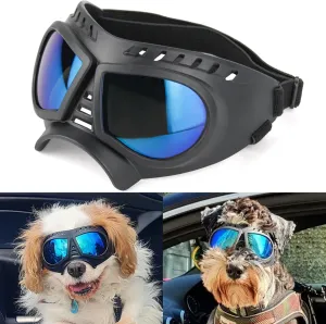 NAMSAN Dog Goggles Small Breed, UV-Protection Doggie Sunglasses for Small to Medium Dogs, Soft Doggy Eye Protection, Anti-Fog Anti-Dust Windproof Snowproof, Adjustable Straps, Blue Lens