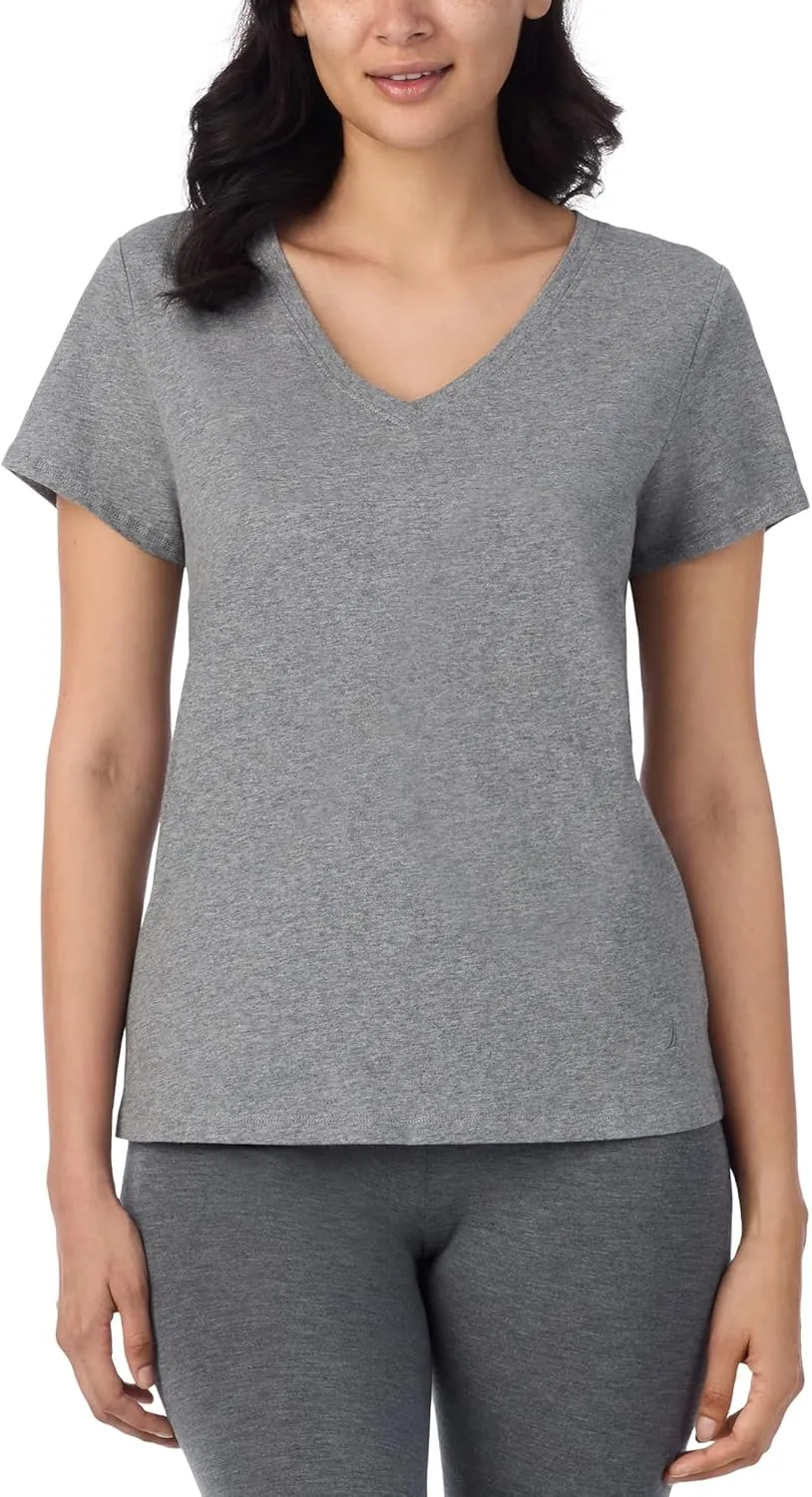 Nautica Womens Sleep Shirt - Lightweight, Breathable Pajama Top - Cotton Knit Jersey V-Neck Sleepwear and Loungewear