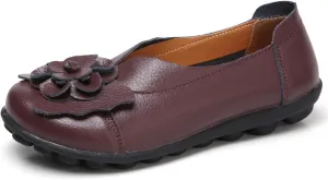 NEKGNL Women's Genuine Leather Flowers Loafers Comfortable Round Toe Soft Bottom Slip On Driving Flats Lightweight Non-Slip Mom Nurse Walking Shoes