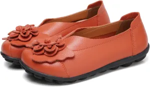 NEKGNL Women's Genuine Leather Flowers Loafers Comfortable Round Toe Soft Bottom Slip On Driving Flats Lightweight Non-Slip Mom Nurse Walking Shoes