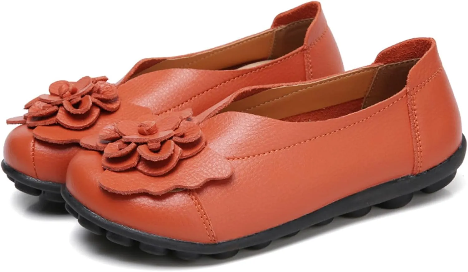NEKGNL Women's Genuine Leather Flowers Loafers Comfortable Round Toe Soft Bottom Slip On Driving Flats Lightweight Non-Slip Mom Nurse Walking Shoes