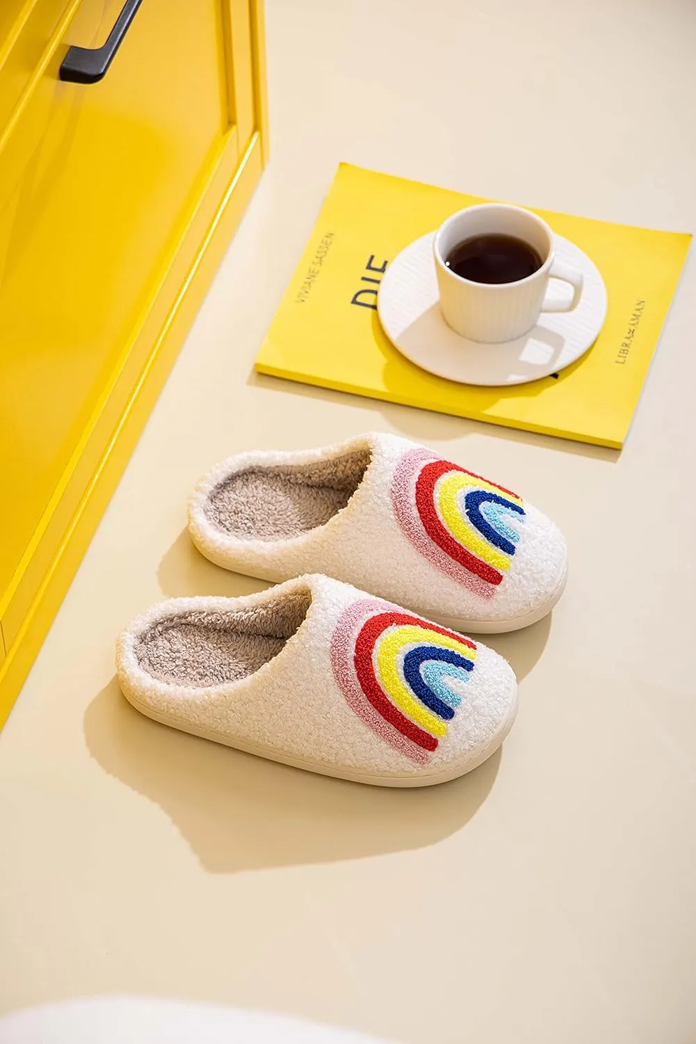 NEVEROLD Fun Cute Trendy Colorful Cartoon Illustrated Cozy Fluffy Plush Fur Slip On Cushion House Slippers for Women, Men, Girls, and Boys