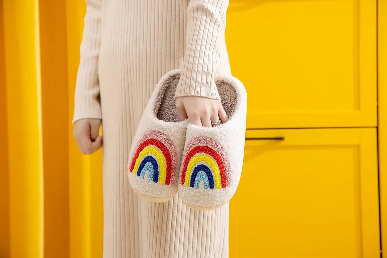 NEVEROLD Fun Cute Trendy Colorful Cartoon Illustrated Cozy Fluffy Plush Fur Slip On Cushion House Slippers for Women, Men, Girls, and Boys