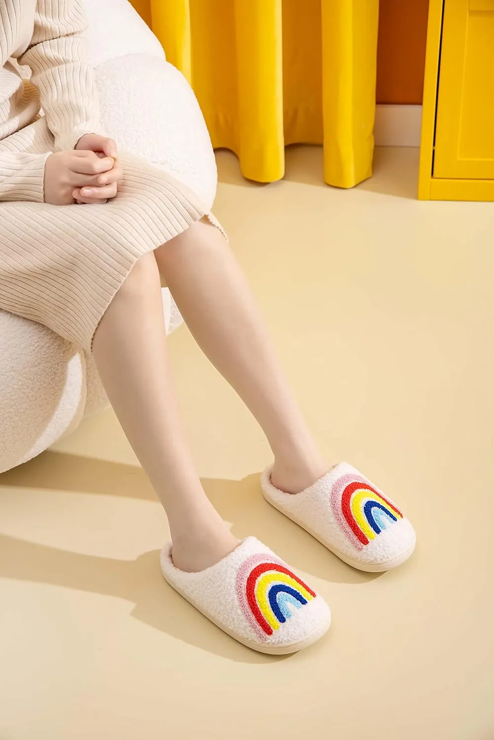 NEVEROLD Fun Cute Trendy Colorful Cartoon Illustrated Cozy Fluffy Plush Fur Slip On Cushion House Slippers for Women, Men, Girls, and Boys