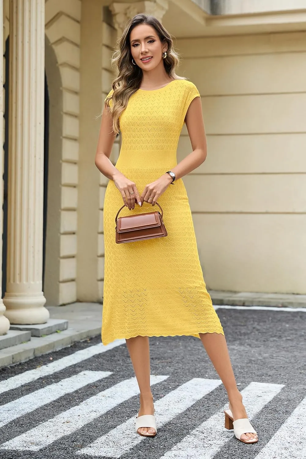 Newshows Women Summer 2025 Teacher Outfits Work Midi Boat Neck Cap Sleeve Hollow Knit Modest Business Casual Dress