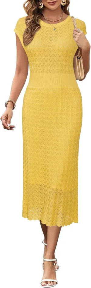 Newshows Women Summer 2025 Teacher Outfits Work Midi Boat Neck Cap Sleeve Hollow Knit Modest Business Casual Dress