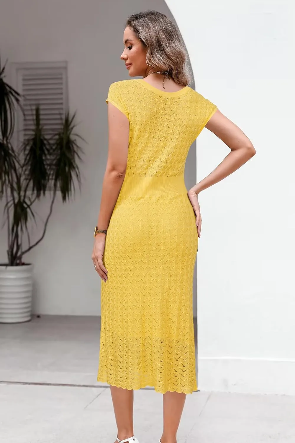 Newshows Women Summer 2025 Teacher Outfits Work Midi Boat Neck Cap Sleeve Hollow Knit Modest Business Casual Dress