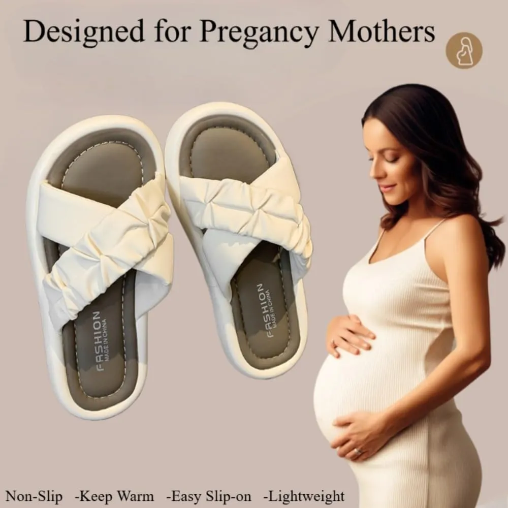 Non Slip Hospital Slippers for Women Labor and Delivery - Cute Mom Shoes Bare Foot Slip on Chunky Open Toe White Sandals Trendy Kawaii Maternity Gift for Pregnant Wife's Safety Comfort Convenience