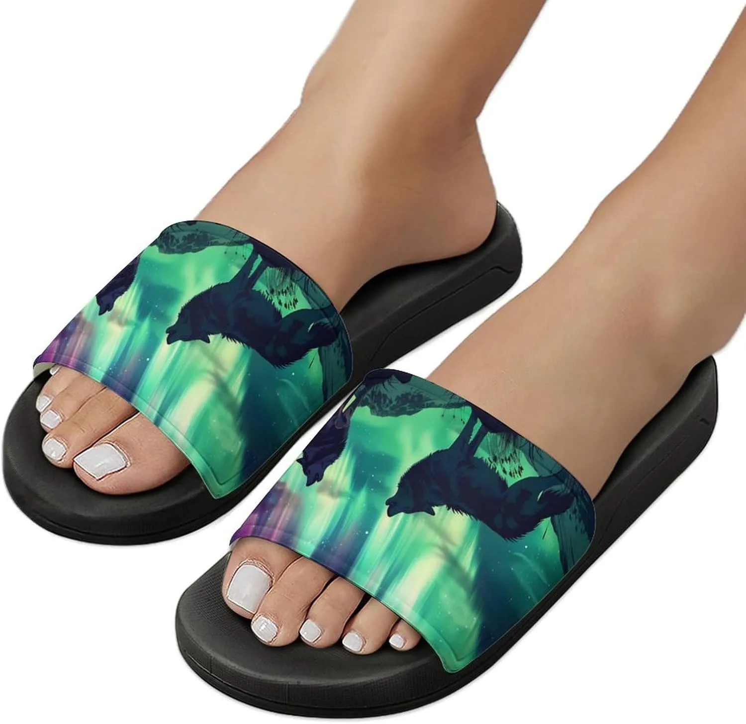Northern Lights Wolf Slippers for Women Men Anti-Slip Shower Slides Open Toe Slippers for Home Outdoor Beach
