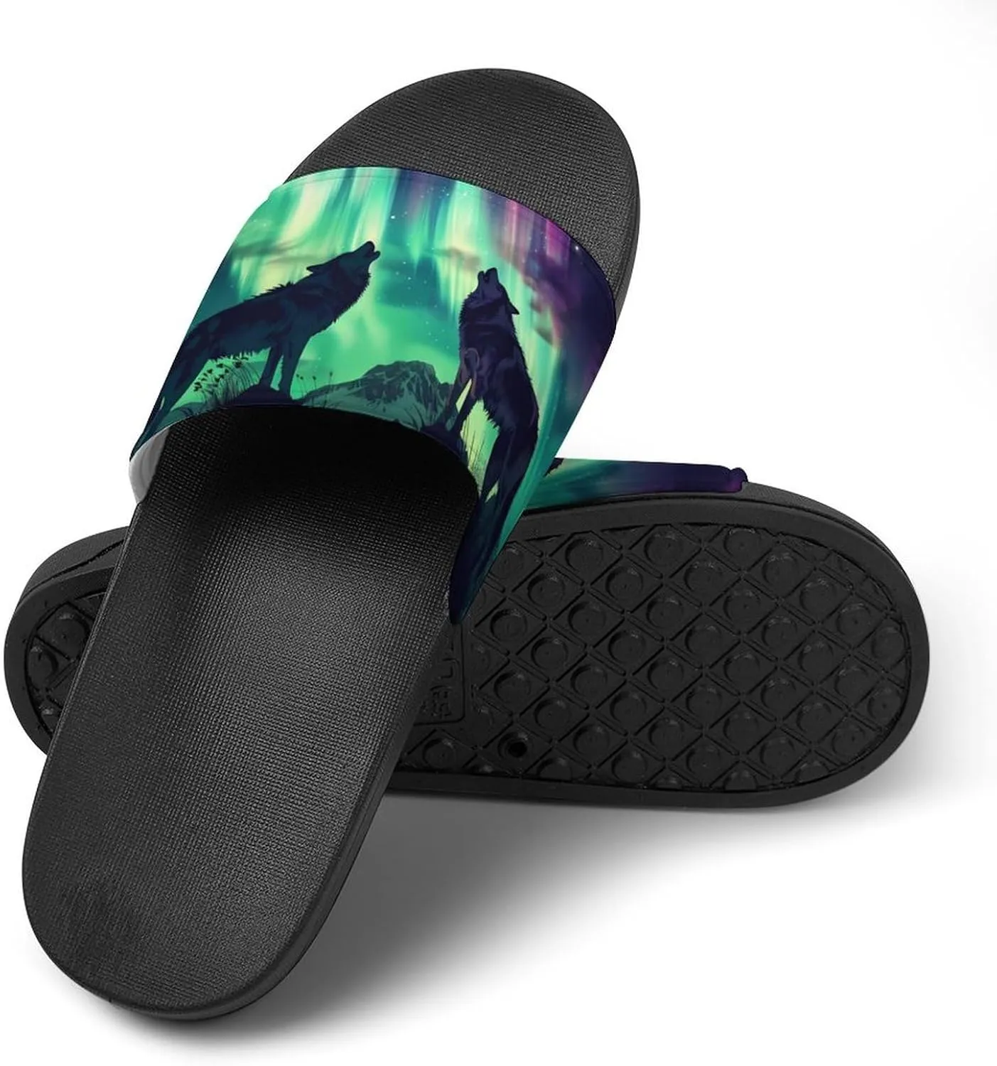 Northern Lights Wolf Slippers for Women Men Anti-Slip Shower Slides Open Toe Slippers for Home Outdoor Beach