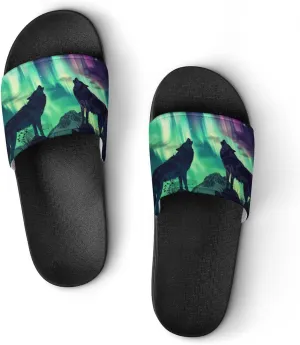 Northern Lights Wolf Slippers for Women Men Anti-Slip Shower Slides Open Toe Slippers for Home Outdoor Beach