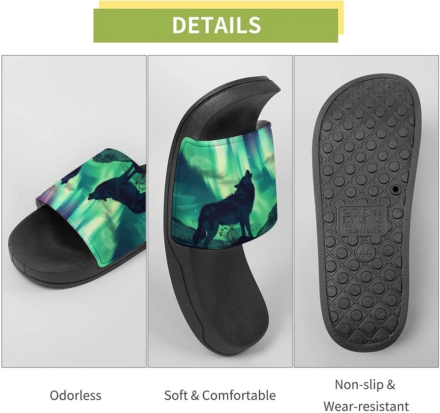 Northern Lights Wolf Slippers for Women Men Anti-Slip Shower Slides Open Toe Slippers for Home Outdoor Beach