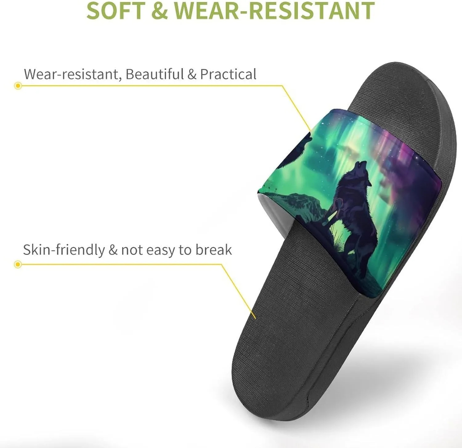 Northern Lights Wolf Slippers for Women Men Anti-Slip Shower Slides Open Toe Slippers for Home Outdoor Beach