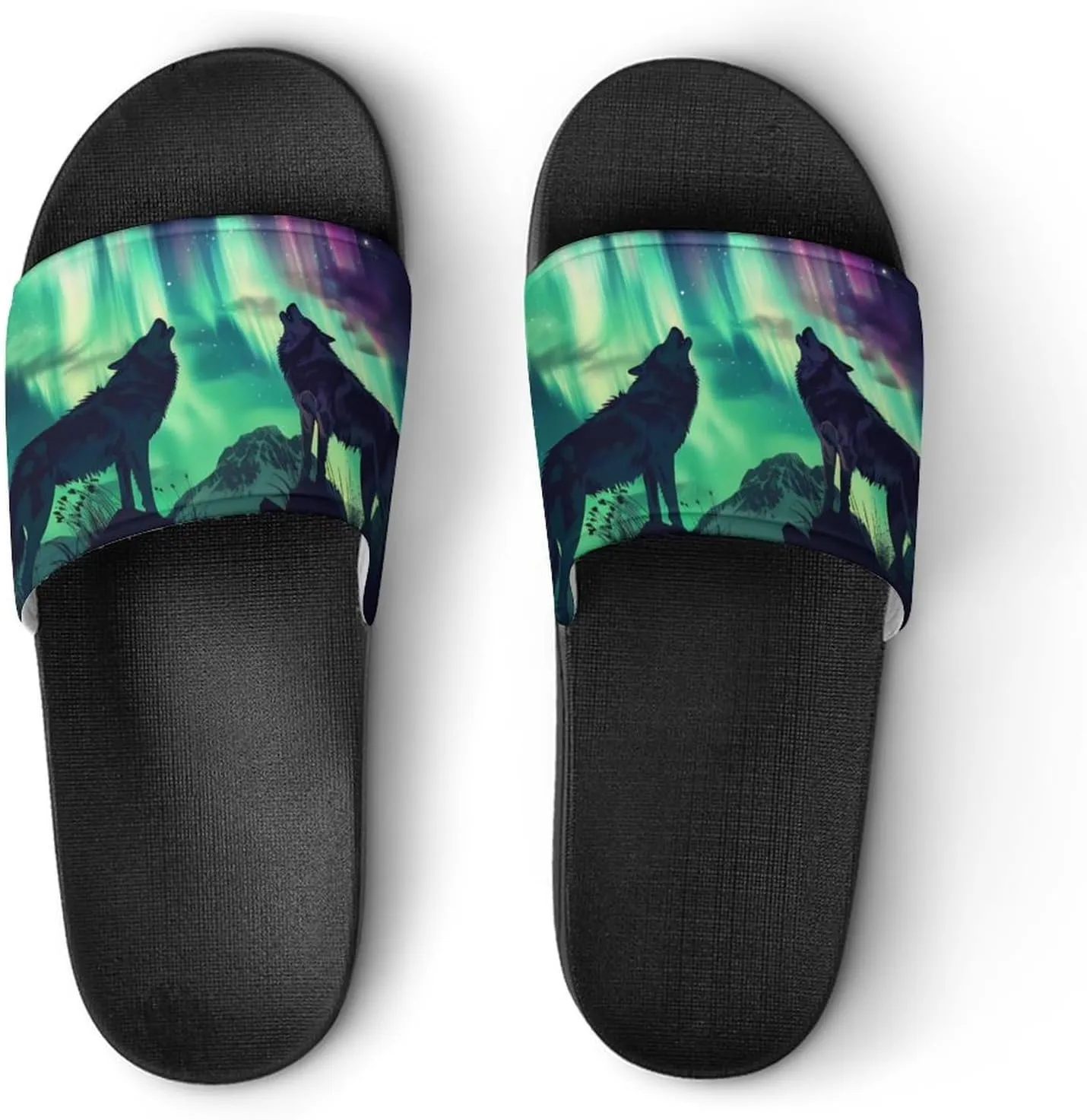 Northern Lights Wolf Slippers for Women Men Anti-Slip Shower Slides Open Toe Slippers for Home Outdoor Beach