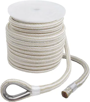 NovelBee 1 Inch x 100 Feet Boat Anchor Line,Double Braid Nylon Anchor Rope with Stainless Steel Thimble,Heavy Duty Mooring Rope for Boat and Anchor (White/Gold)
