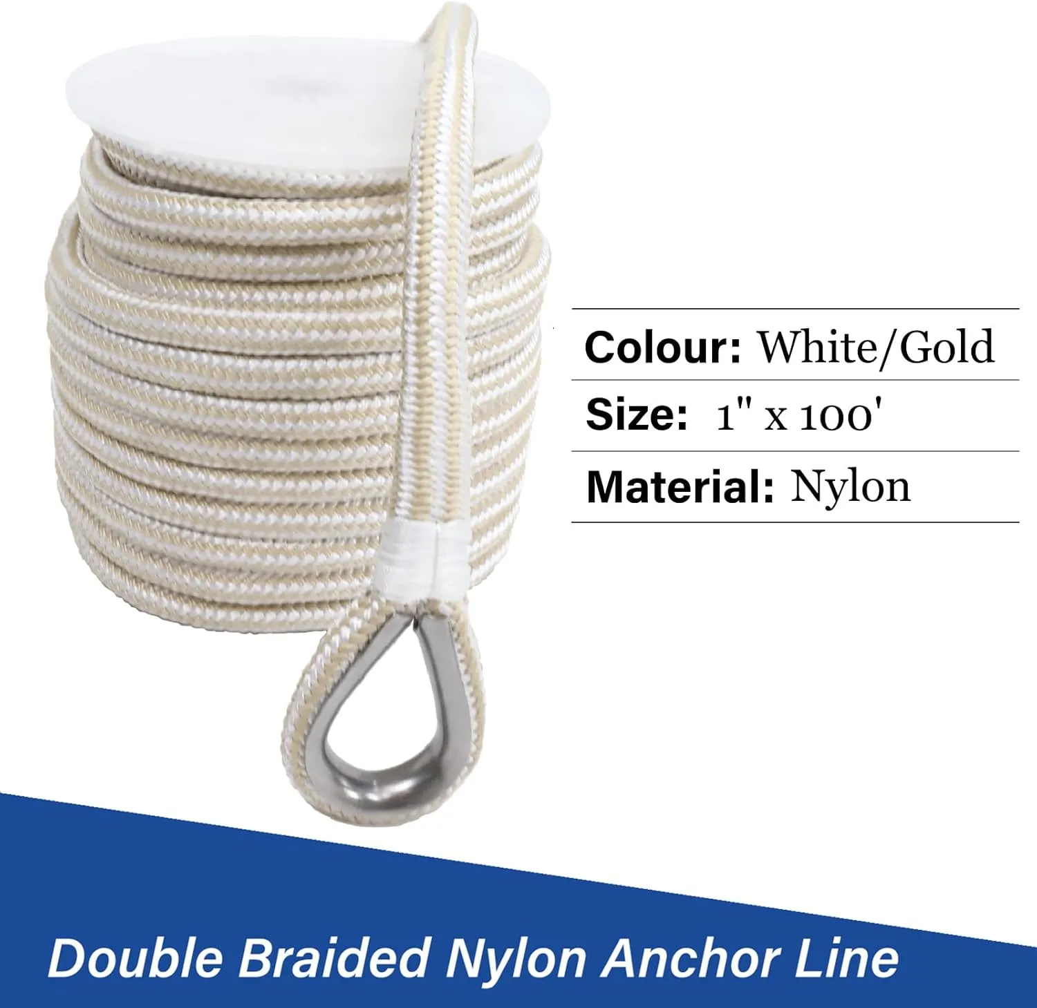 NovelBee 1 Inch x 100 Feet Boat Anchor Line,Double Braid Nylon Anchor Rope with Stainless Steel Thimble,Heavy Duty Mooring Rope for Boat and Anchor (White/Gold)