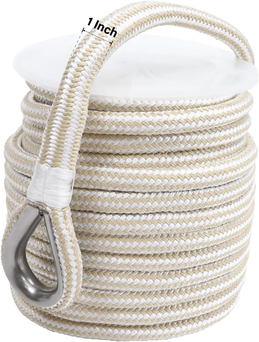 NovelBee 1 Inch x 100 Feet Boat Anchor Line,Double Braid Nylon Anchor Rope with Stainless Steel Thimble,Heavy Duty Mooring Rope for Boat and Anchor (White/Gold)