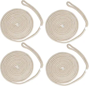 NovelBee 4 Pack of 1/2 Inch x 15 Feet Double Braid Nylon Dockline,Mooring Rope Dock Line with Spliced Soft Eye,Working Load Limit 968 lbs,Breaking Strength 4,840 lbs (4pcs,White/Gold)