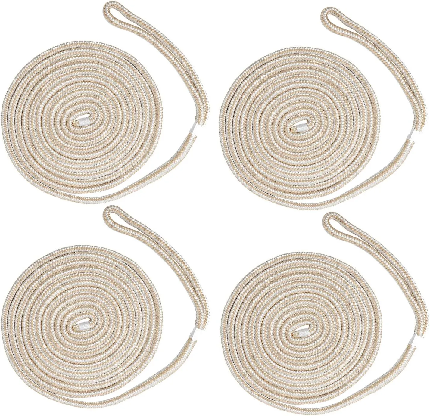 NovelBee 4 Pack of 1/2 Inch x 15 Feet Double Braid Nylon Dockline,Mooring Rope Dock Line with Spliced Soft Eye,Working Load Limit 968 lbs,Breaking Strength 4,840 lbs (4pcs,White/Gold)