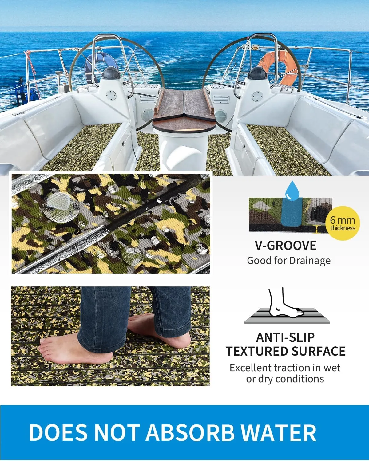 OCEANBROAD Camo Boat Flooring Self-Adhesive Backing Camouflage Decking 96''x45.6''/36''/28.8''/16.8'', 48''x16.8'' EVA Foam Self-Adhesive Non-Slip Marine Sheet for Boats Helm Pad RV Floor