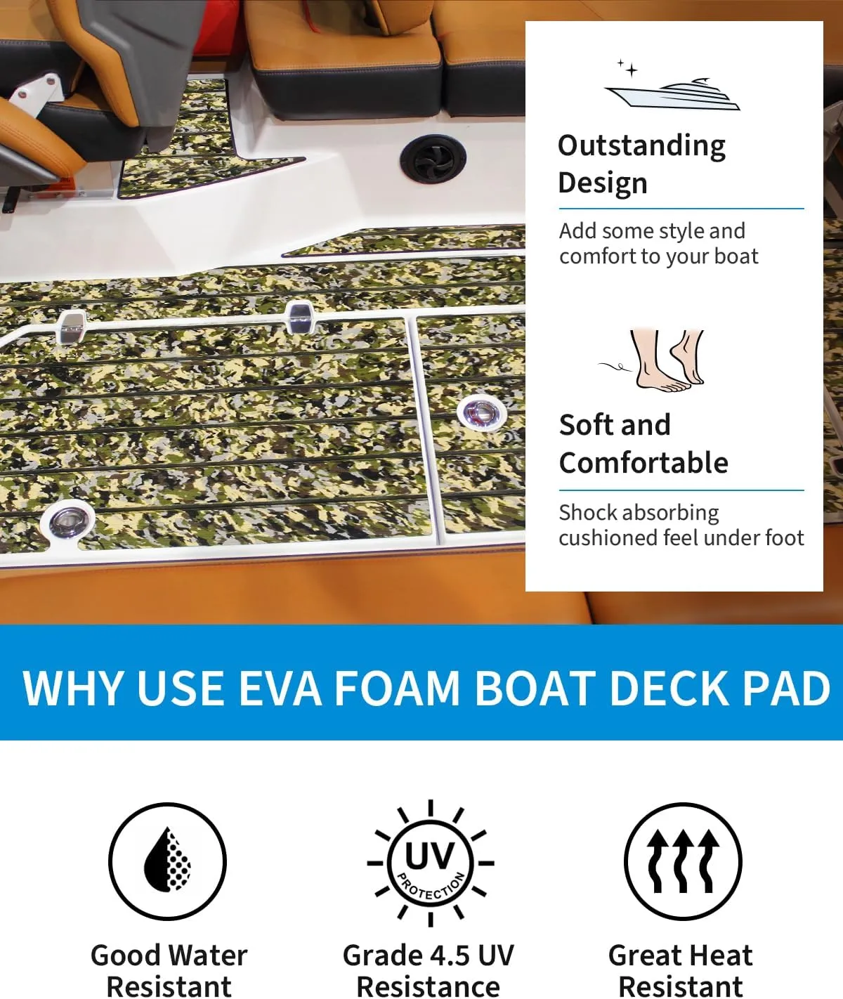 OCEANBROAD Camo Boat Flooring Self-Adhesive Backing Camouflage Decking 96''x45.6''/36''/28.8''/16.8'', 48''x16.8'' EVA Foam Self-Adhesive Non-Slip Marine Sheet for Boats Helm Pad RV Floor