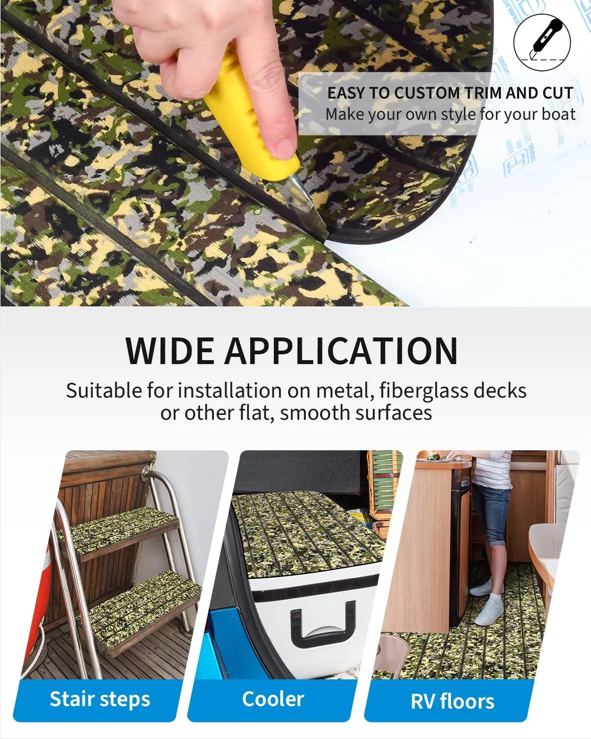 OCEANBROAD Camo Boat Flooring Self-Adhesive Backing Camouflage Decking 96''x45.6''/36''/28.8''/16.8'', 48''x16.8'' EVA Foam Self-Adhesive Non-Slip Marine Sheet for Boats Helm Pad RV Floor