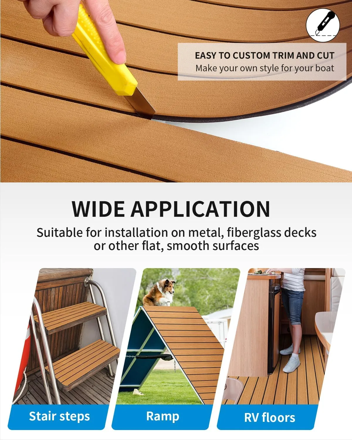 OCEANBROAD EVA Foam Boat Flooring with 3M Adhesive Backing Marine Self-Adhesive Decking 96''x45.6''/36''/28.8''/16.8'', 48''x16.8'' Faux Teak Sheet for Jon Boats Swim Platform Helm Pad RV Floor