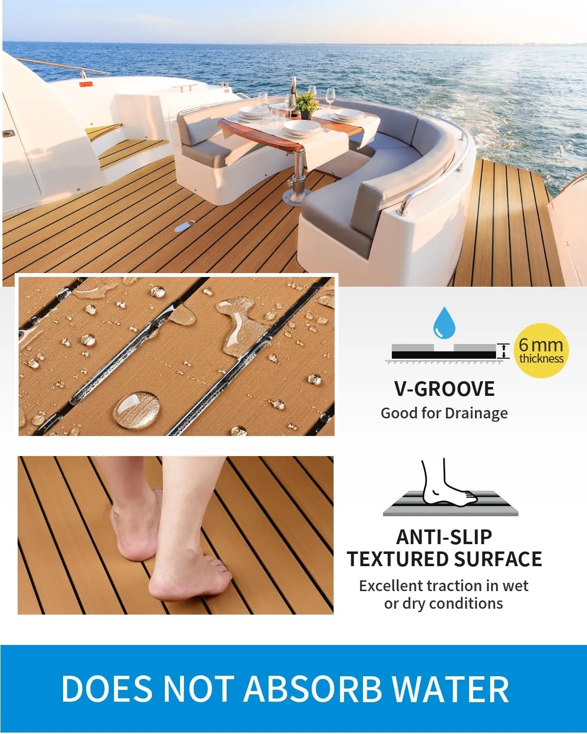 OCEANBROAD EVA Foam Boat Flooring with 3M Adhesive Backing Marine Self-Adhesive Decking 96''x45.6''/36''/28.8''/16.8'', 48''x16.8'' Faux Teak Sheet for Jon Boats Swim Platform Helm Pad RV Floor
