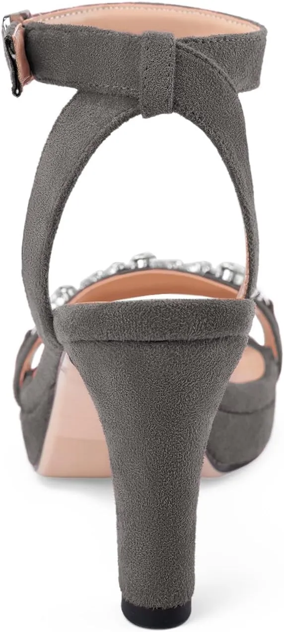 Oh Mispares Platform Blcok Heels for Women Open Toe Rhinestones Crystal Suede Sandal Ankle Strap Chunky Block Heeled Sandals Summer Dress Shoes