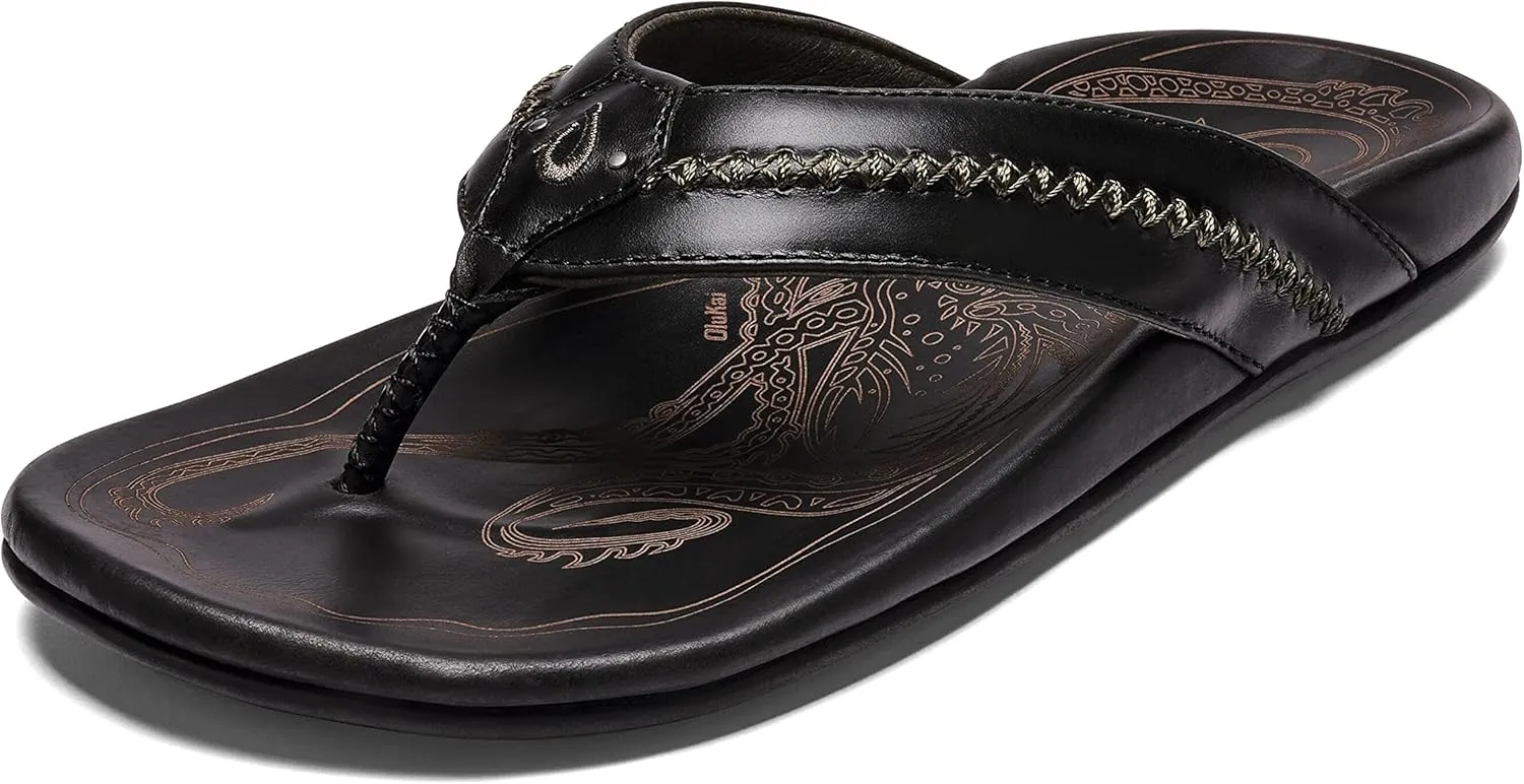 OLUKAI Mea Ola Men's Leather Beach Sandals, Soft & Durable Flip Flops, Arch Support & Comfort Fit, Enhanced Grip & Traction