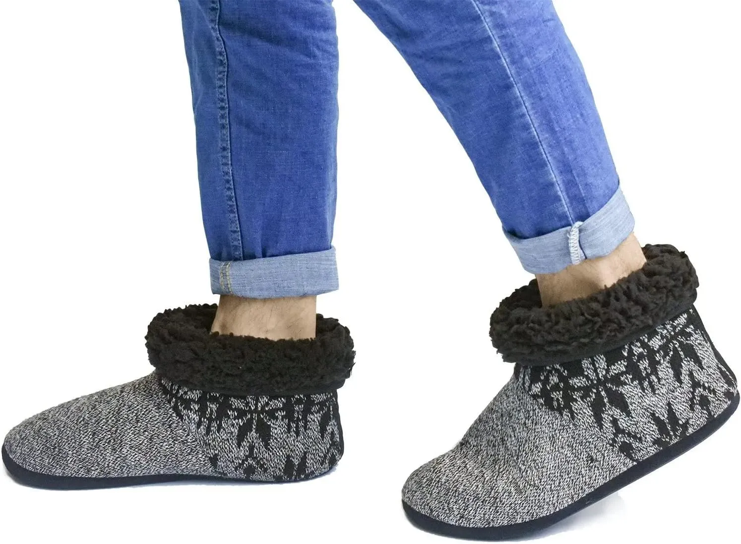 ONCAI Men’s-Slipper-Boots-Winter-Fleece-House-Slippers Knitted Indoor Flat Warm Wool Booties Pull On Memory Foam Outdoor Non-Slip Ankle Bedroom Boot Slippers with Soft Rubber Sole