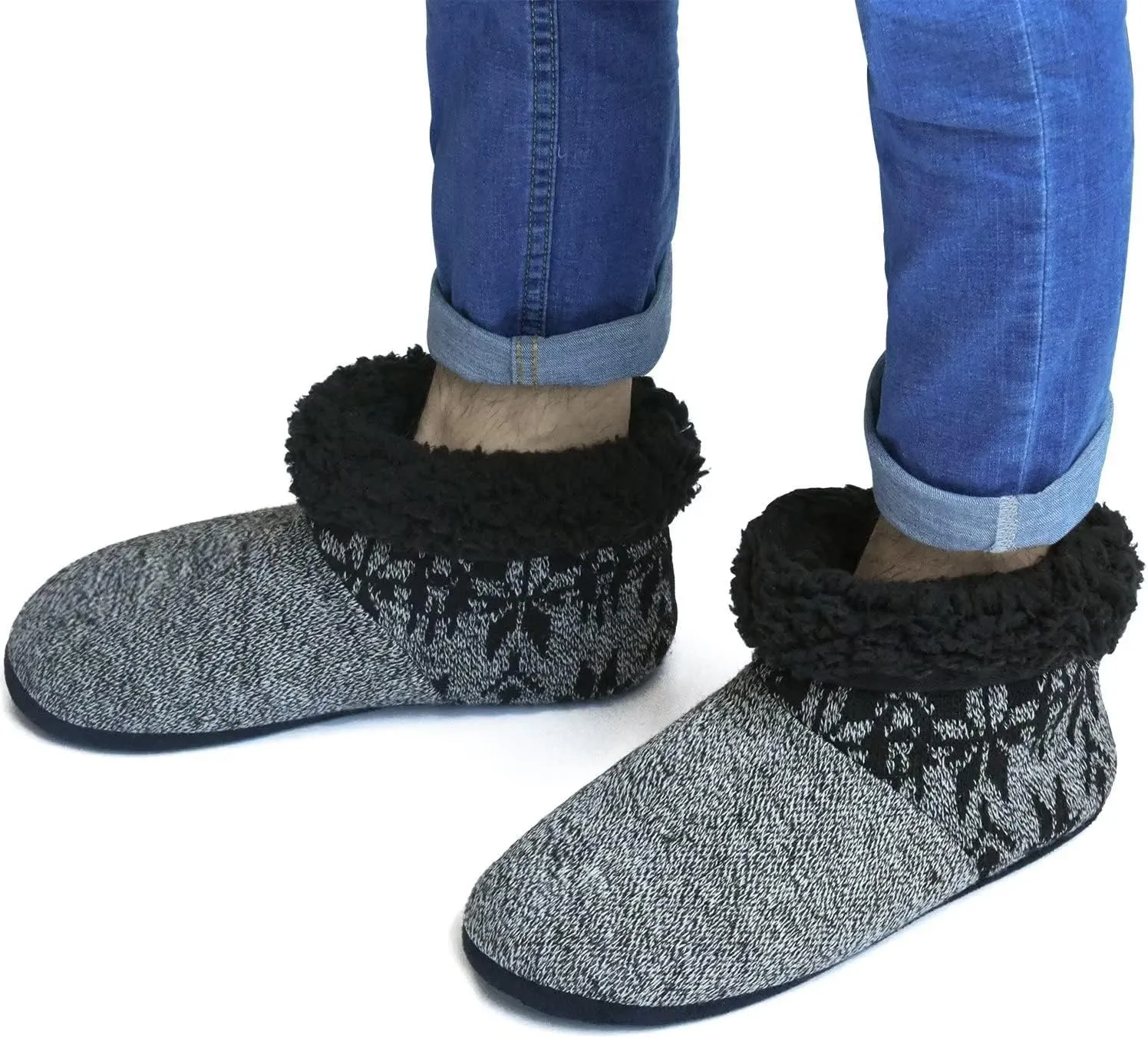 ONCAI Men’s-Slipper-Boots-Winter-Fleece-House-Slippers Knitted Indoor Flat Warm Wool Booties Pull On Memory Foam Outdoor Non-Slip Ankle Bedroom Boot Slippers with Soft Rubber Sole