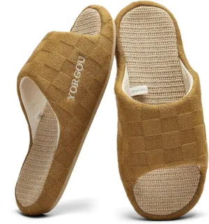 Open Toe Slippers for Women - Unisex Non-Slip Comfy House Slippers Linen Slip On Ladies Slides Breathable Indoor Shoes Washable