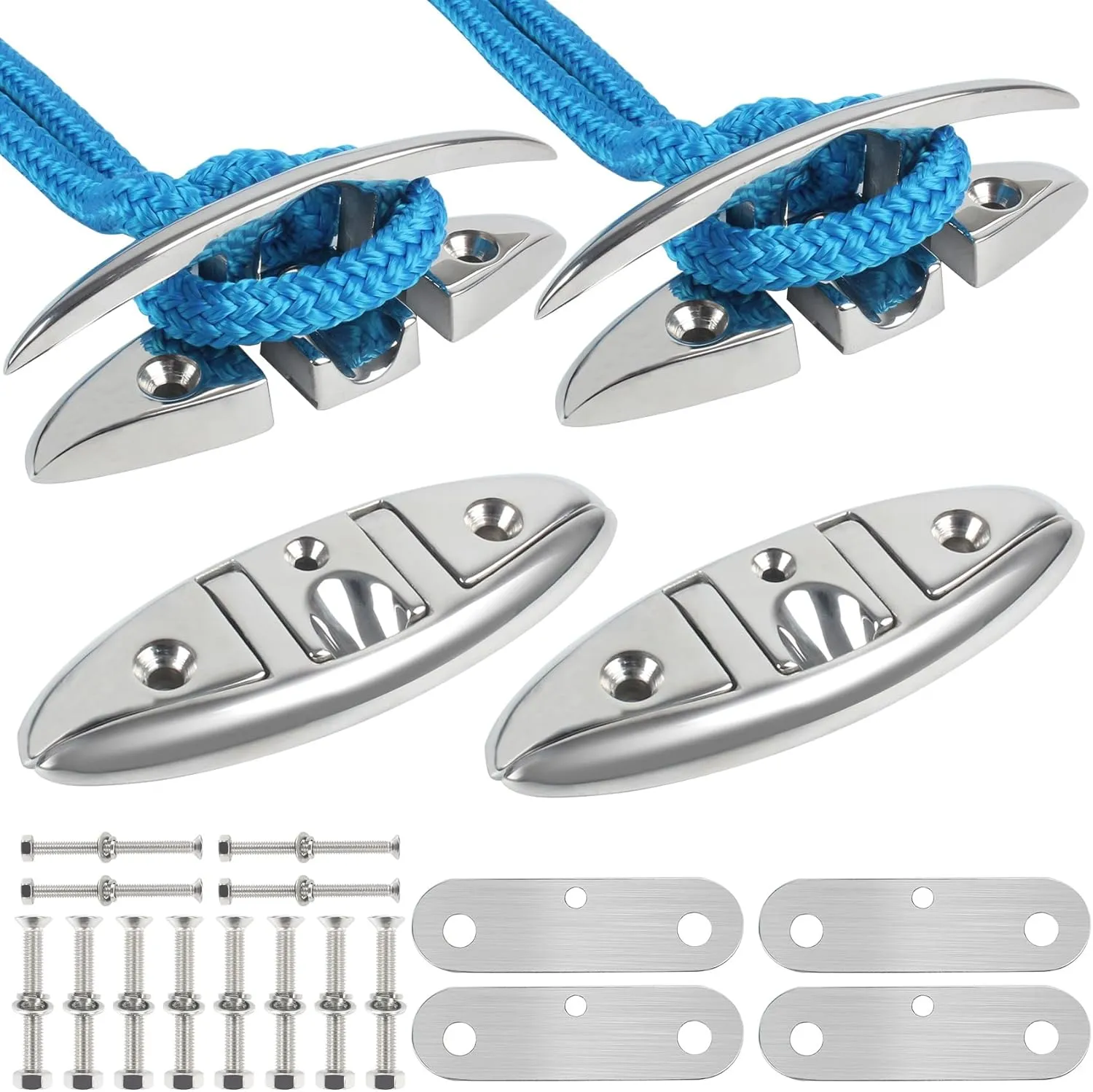 ORLANG 316 Stainless Steel Folding Boat Cleat 5 Inch and 6 Inch (2 Size), Marine Grade Boat Dock Cleats with Stainless Steel Bolts and Back Plate,Boat Flip Up Cleat for Deck and Boat (2,4 Pack)