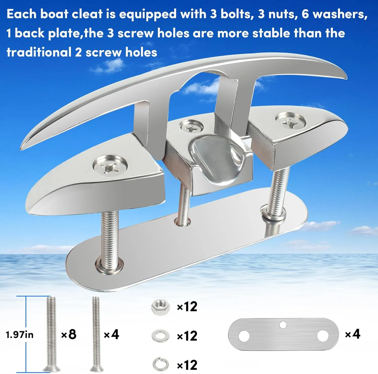 ORLANG 316 Stainless Steel Folding Boat Cleat 5 Inch and 6 Inch (2 Size), Marine Grade Boat Dock Cleats with Stainless Steel Bolts and Back Plate,Boat Flip Up Cleat for Deck and Boat (2,4 Pack)