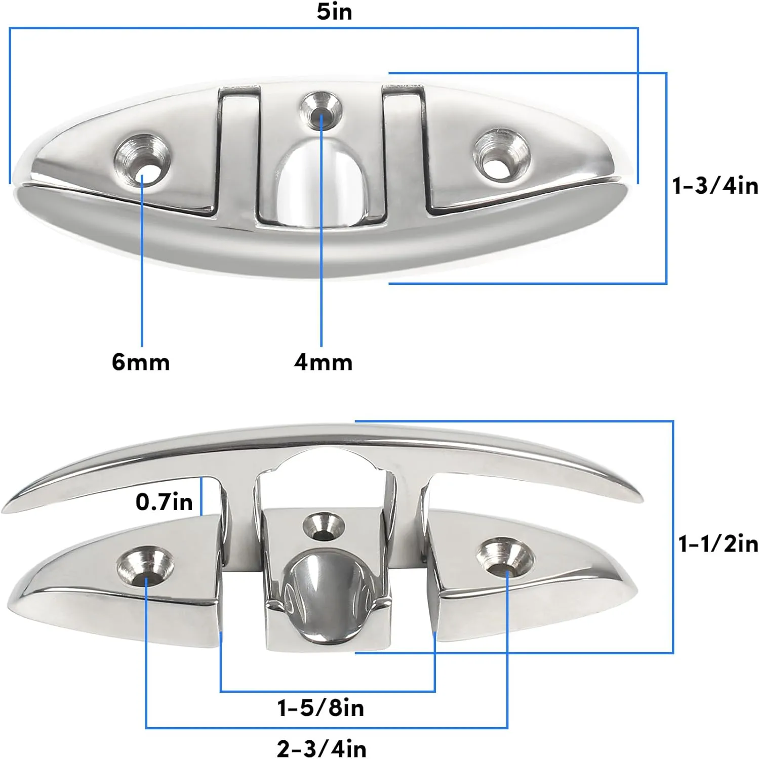 ORLANG 316 Stainless Steel Folding Boat Cleat 5 Inch and 6 Inch (2 Size), Marine Grade Boat Dock Cleats with Stainless Steel Bolts and Back Plate,Boat Flip Up Cleat for Deck and Boat (2,4 Pack)