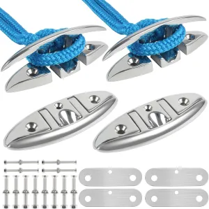 ORLANG 316 Stainless Steel Folding Boat Cleat 5 Inch and 6 Inch (2 Size), Marine Grade Boat Dock Cleats with Stainless Steel Bolts and Back Plate,Boat Flip Up Cleat for Deck and Boat (2,4 Pack)