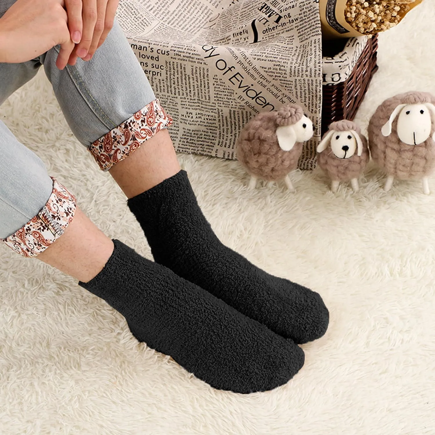 OVOV White Fuzzy Fluffy Warm Cozy Slipper Socks for Men - Soft Comfy Fleece Sleep Socks