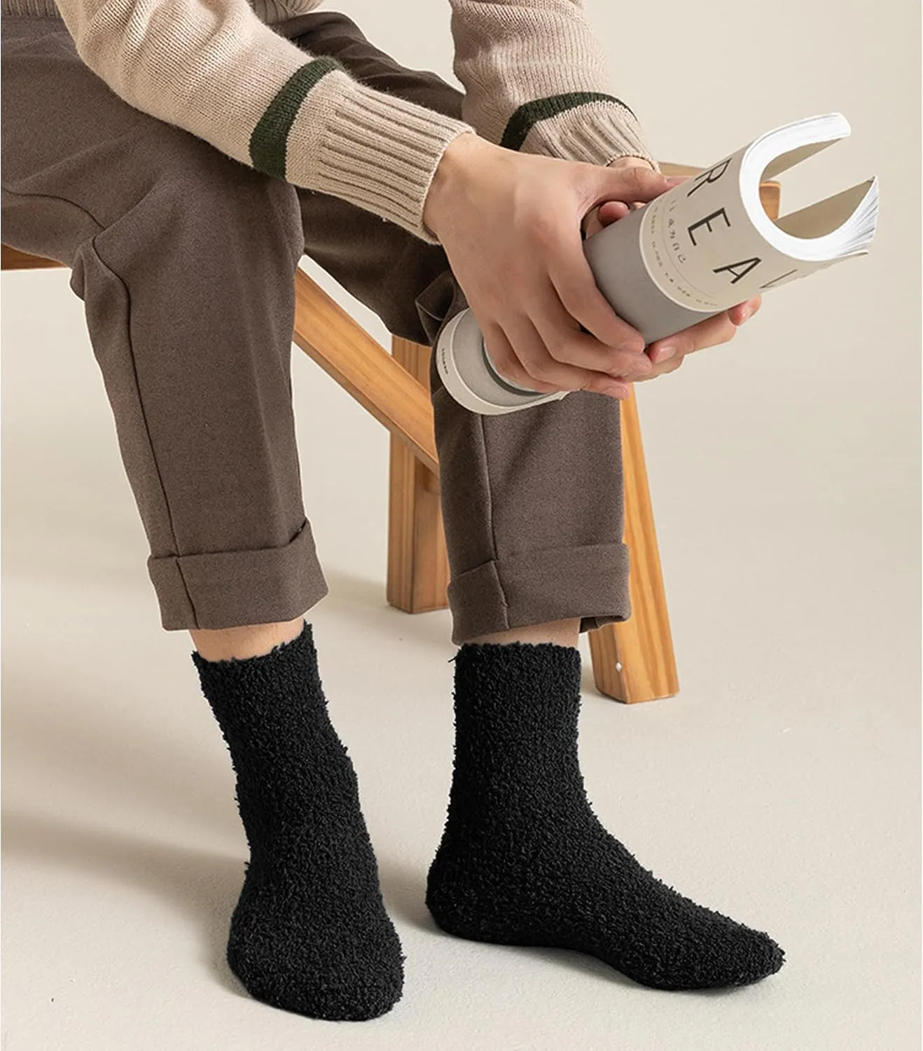 OVOV White Fuzzy Fluffy Warm Cozy Slipper Socks for Men - Soft Comfy Fleece Sleep Socks