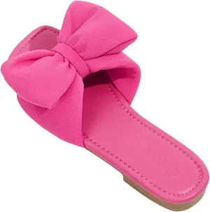OYOANGLE Women's Bow Decor Square Open Toe Flat Sandals Solid Plain Lightweight Soft Slip on Dressy Slides