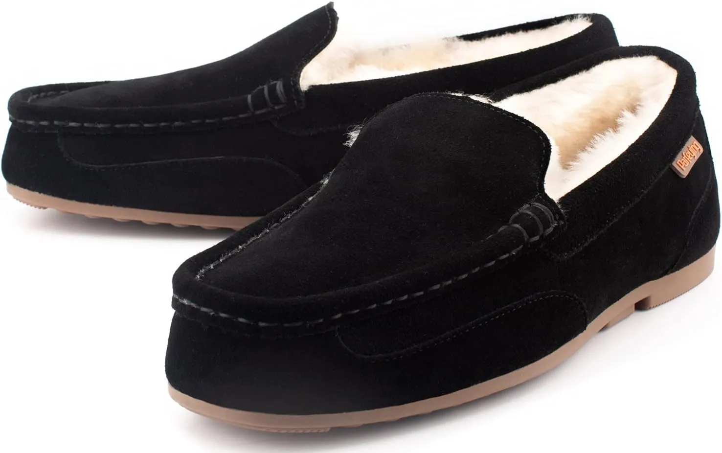 Parfeying Men's Indoor Outdoor Sheepskin Moccasins Slippers Memory Foam Driving Style Shoes