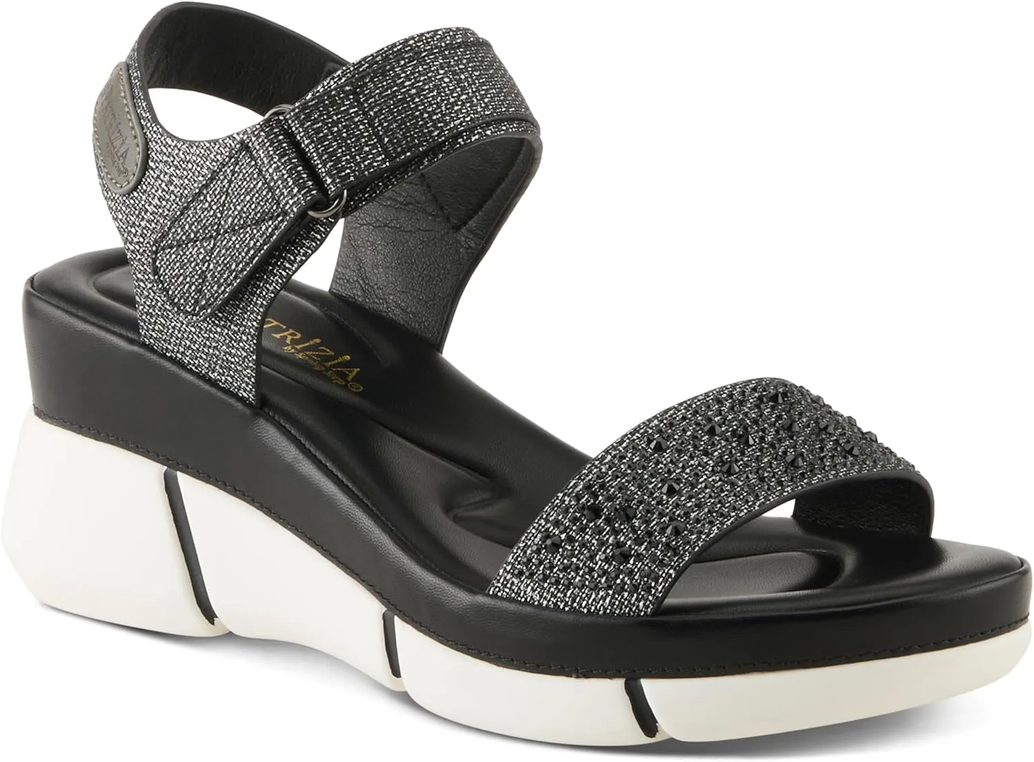 PATRIZIA Women's STRATOS Hook and Loop Wedge Sandals - Crystal Embellished, Adjustable Fit, Cushioned Footbed